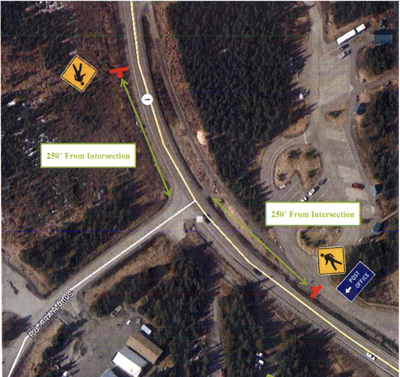 Aerial shot of new pedestrian crossing at intersect of Sterling Highway and Snug Harbor road from October, 2017.